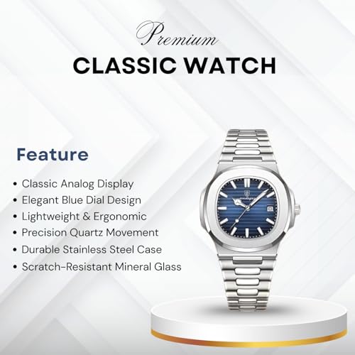 Image of Men's Analog Dial Watch with Date Feature | Formal & Casual Watch | 30 Meter Water Resistant | Strong Luminous Durable Silver Strap | Adjustable Butterfly Buckle | Quartz Movement Wristwatch