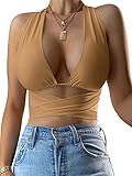Kaximil Women's Sexy Sleeveless Halter Criss Cross Cami Lace Up Self Tie Tank Crop Tops, S-M, Khaki