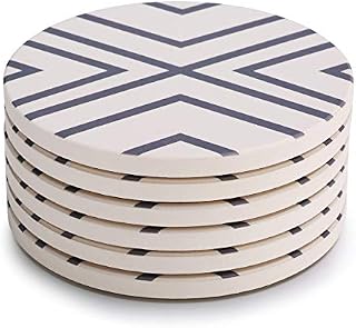 LIFVER Coasters for Drinks, Grey-line Style Absorbent Stone Coaster Set with Cork Base
