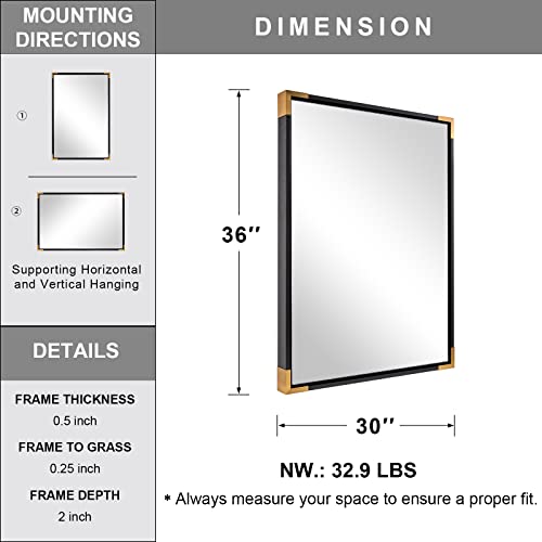 Andy Star 30X36” Black Mirror, New Zealand Pine Wood Framed Rectangular Mirror With Gold Metal Corner, Modern Large Wall Mirror For Bathroom Vanity Living Room Entryway Hangs Vertical Or Horizontal #TOP7