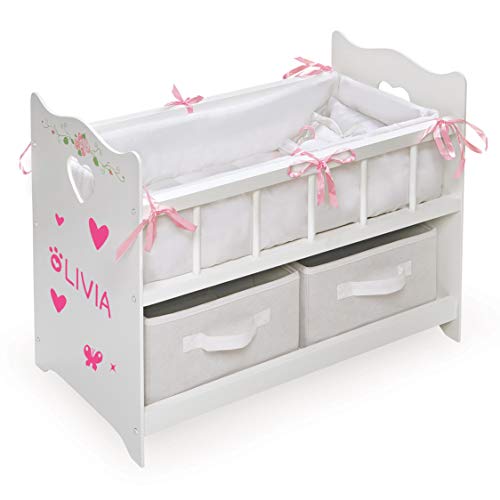 Badger Basket Wooden Doll Bed with Bed Liner, Pillows and Two Storage Baskets - Fits 18" Dolls - Ideal for Pretend Play and Baby Doll Fun - White/Rose Design with Free Personalization Kit by Badger Basket - Image 2
