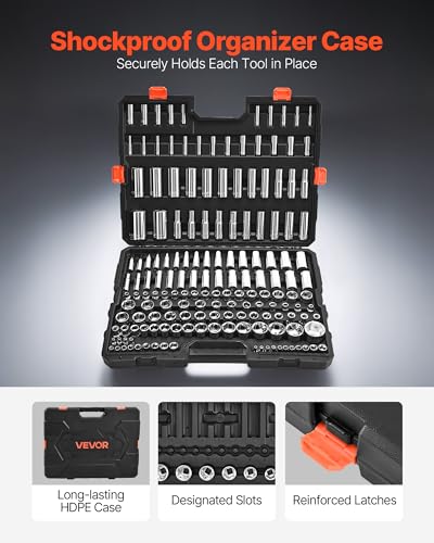 Image of VEVOR Socket Set, 163 Pieces, 3 /8 & 1 /4 & 1 /2 inch Drive Socket Tool Set, SAE and Metric, Deep and Standard, Mechanic Tool Kit with Storage Case, Chrome Plated CR-V Alloy Steel, for Automotive Repair