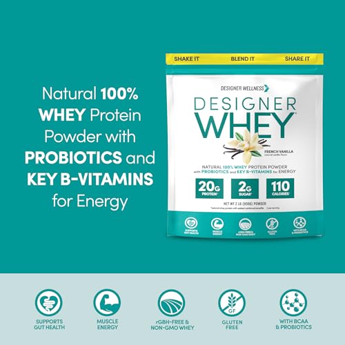 Image of Designer Wellness, Designer Whey, Natural Whey Protein Powder with Probiotics, Fiber, and Key B-Vitamins for Energy, Gluten-Free, French Vanilla, 2 lb