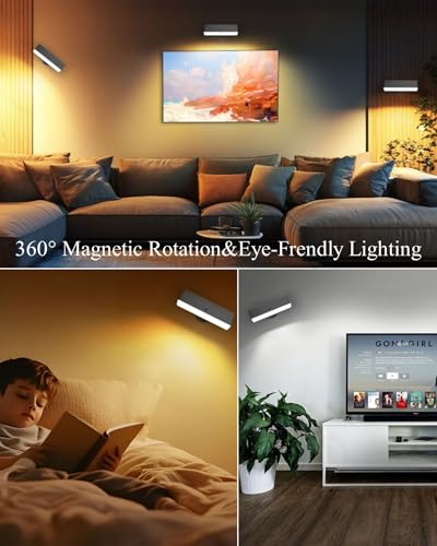 Image of iThird Rechargeable Battery Operated Wall Sconce Set of 2: Wireless Black Wall Lights Battery Powered Magnetic 360 Rotation Cordless Scone Adhesive LED Wall Mount Lamp for Bedroom Reading Picture RV