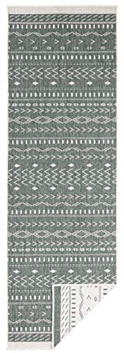 NORTHRUGS In- und Outdoor Teppich Kuba 80x250cm - Wendeteppich Wetterfest Boho Design Ethno Muster Läufer für Balkon Terrasse Garten Wintergarten Wohnzimmerteppich Wasserfest in Grün Creme