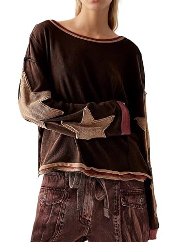 Women Oversized Cotton Long Sleeve Shirts Star Sweatshirts Crewneck People Free Inspired Dupes Pullover Y2K Tops 2025 Fall Winter Fashion Grunge Clothes Brown Combo