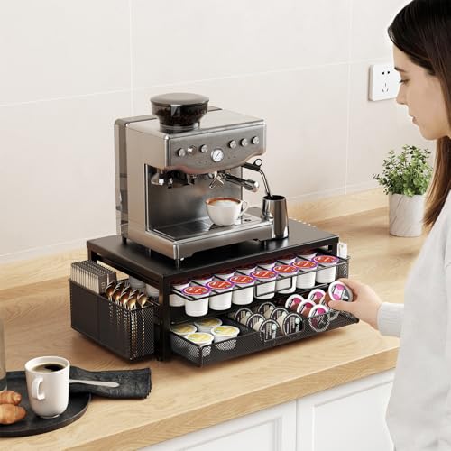 Mteal Coffee Pod Holder Storage with 2-Tier Vertuo Capsule Holder Drawer, Coffee Machine Stand with 2 Coffee Accessories Baskets, Black - Image 2