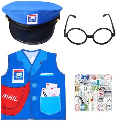 Keymall Mailman Costume With Postman Hat Mail Carrier Vest Postmark Sticker Glasses For Pretend Play Halloween Postal Costume