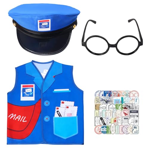 Keymall Mailman Costume With Postman Hat Mail Carrier Vest Postmark Sticker Glasses For Pretend Play Halloween Postal Costume (Set B)