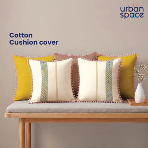 Image of Urban Space Cotton Cushion Cover Set of 5, 16 x 16 Inches, Decorative Throw Pillow Covers with Pom Pom, Printed Sofa Cushion Covers for Living Room, Home Decor (CC3, 40Cm x 40Cm, Set of 5)