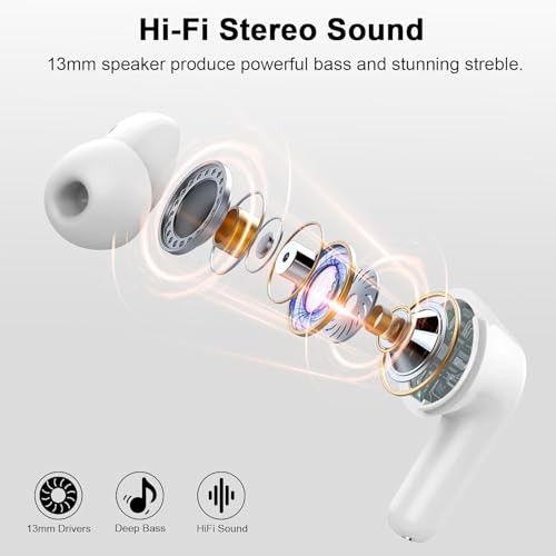 Image of Wireless Earbuds, Bluetooth 5.4 Headphones with 4 ENC Noise Cancelling Mic, 45Hrs Playtime Bluetooth Earphones HiFi Stereo Deep Bass, in Ear Earbuds IP7 Waterproof, Wireless Headphones Silver White