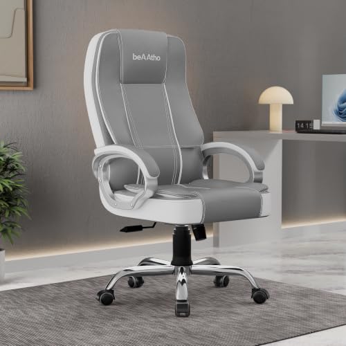 Image of beAAtho Vintage Executive High Back Ergonomic Leatherette Office Chair with 3 Years Warranty | Revolving Director & Boss Seating | Orthopedic Design | White Grey