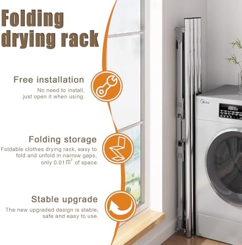 Foldable Clothes Drying Rack, Stainless Steel Standing Garment Rack, Portable for Sheets, Clothes, Socks, Shoes（with Wheels,2M/6.56FT）