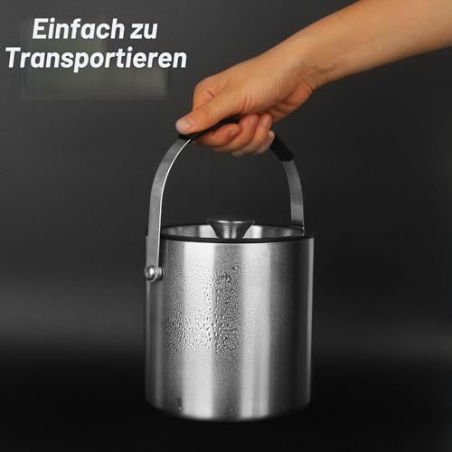 2.0L Eiswürfelbehälter, Eiskübel mit Deckel,Eiswürfelbehälter Edelstahl mit Clips und Sieb, Tragbar Eiskühler, Perfekt zum Kühlen von Bier, Champagner und Wein (2.0L)