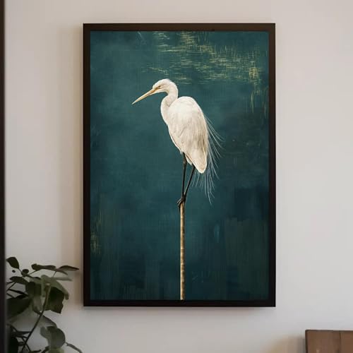Tableau sur toile grue japonaise affiche verte oiseaux déco vintage 30x40