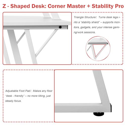 Image of L Shaped Gaming Desk, 50 inch Corner Desk, Spacious Dual Tops, P2 Particleboard, Metal Z-Legs, Adjustable Non-Slip Pads, Scratch /Waterproof, Multi-Use Home Office /Game Room /Dorm
