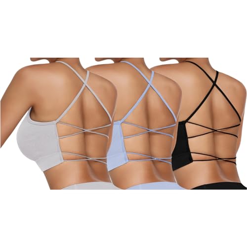 Vertvie Damen Sport BH Gepolstert Crossback Yoga Sports Bra Spaghettiträger Rücken Verkreuzt Gerippt Bustier Ohne Bügel Atmungsaktiv BH mit Abnehmbaren Cups(Schwarz+Grau+Blau,S)