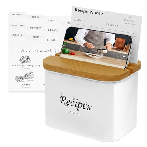 Recipe Box With Cards and Dividers, Recipe Cards and Box Set with 50 4x6 Recipe Cards, 12 Dividers, Tin Recipe Box with Phone Holder and Recipe Card Holder, Recipe Organizer for Kitchen