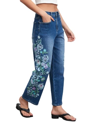 EZAPINE Straight Leg Cropped Jeans for Women Trendy Mid Rise