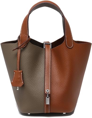 Genuine Leather Soft Bucket Bag for Women Fashion Lock Design Handbags Vegetable Basket Satchel with Top Handle Bags