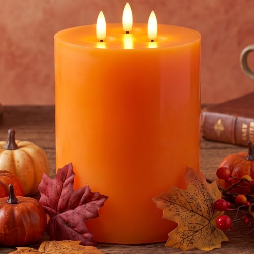 Image of Retisee 1 Pack Extra Large Flameless Candles 6 inch X 8 inch,Classic,Orange | LED Battery Operated, 3 Wicks Flickering Pillar Candle, Fall Thanksgiving Party Decoration