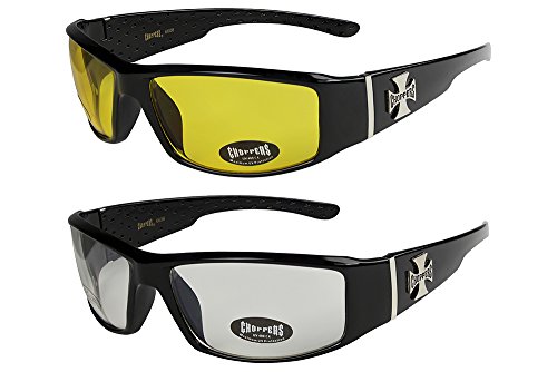 X-CRUZE Choppers - Pack de 2 gafas de sol unisex hombre mujer moto bici lentes - 1x Modelo 12 (negro brillante/amarillo tintado) y 1x Modelo 14 (negro brillante/casi transparente) - Modelo 12 + 14 -
