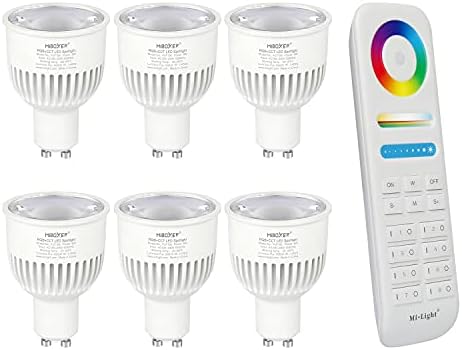 LIGHTEU®, 1x 4W GU10 RGB+CCT LED Spotlight Color Changing and CCT WW CW Temperature Adjustable, Original Mi-Light, Bulb with a 4-Zone Remote (FUT103+FUT092)