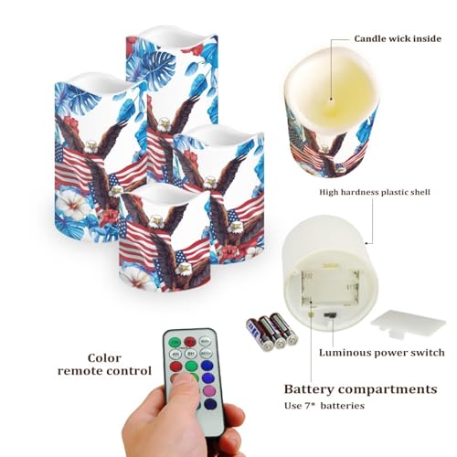 Image of USA Flag Flameless Candles Bald Eagle Tropical Flowers Flameless Candle with Remote Timers for Lights Patriotic Independence Day Lamp for Home Dinner Table Garden Tea Party, 4 Pack
