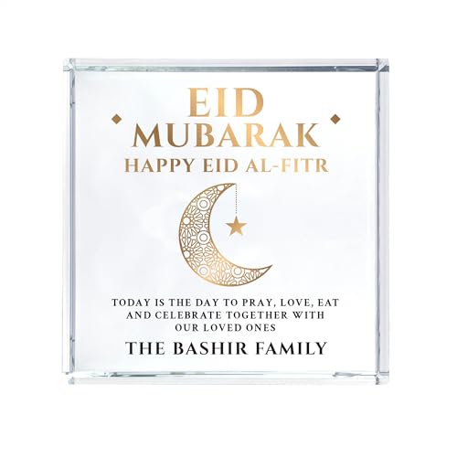 Personalised Eid al-Fitr Crescent Moon Crystal Token | Premium Optical Glass Ornament | Luxury Islamic Home Décor & Eid Gift | 9cm x 9cm Keepsake