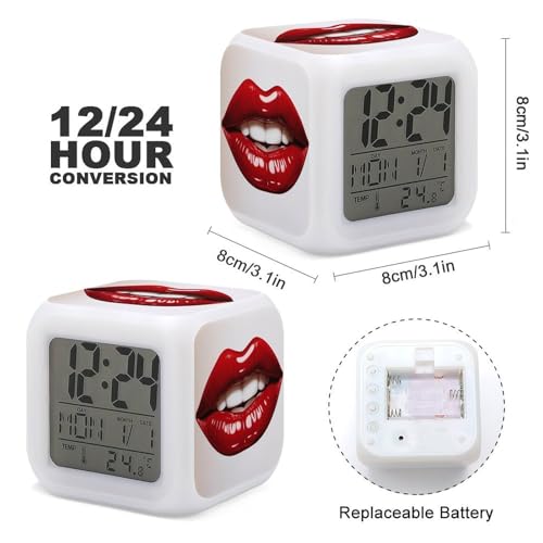 Reloj despertador con diseño gráfico de labios rojos y luces LED para despertares alegres 3