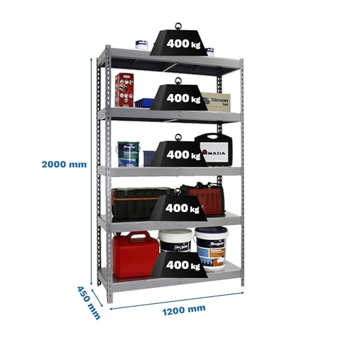 SimonRack Estantería Metálica Almacenaje, Sin Tornillos, 5 Baldas, Alta Capacidad Carga 400 kg, 2000x1200x450 mm, Estantería Taller Garaje Trastero, Galva/Galva - imagen 3