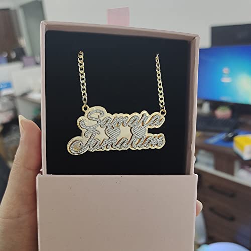 Loyjoy 2 Names Necklace Double Gold Plated Nameplate 3D Necklace Necklaces Name With Heart Shaped Cuban Chain Necklace - From International - Rose Gold - Light Yellow Gold Color - 50Cm #TOP1