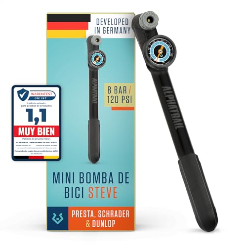Alphatrail Mini Bomba Steve - para Todas Las válvulas 8,3 Bar / 120 PSI presión máxima I Gran manómetro (Ø32mm) I t-Mango ergonómico I Bomba de Bicicleta para la válvula Presta, Schrader y Dunlop