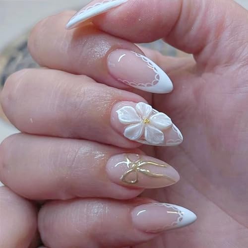 Image of 3D White Flower Press on Nails White French Tip Fake Nails Medium Almond False Nail with Gold Bow Design Reusable Glossy Full Cover Stick on Nail for Women Manicure 24Pcs
