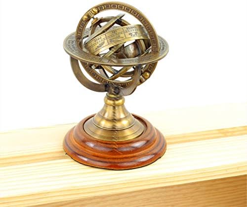Nagina International Vintage Zodiac Armillary Brass Sphere Globe Wooden Display | Pirate's Antique Ship Decor (Small, Brass)