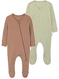 DreamBuy 2-Pack Zip Sleepsuits – Baby Essentials for Newborns | 95% Cotton Baby Grow | Unisex Baby Clothes Set | Soft Zip-Up Sleepsuit for Boys & Girls (Biscuit & Sage, 12-18 Months)