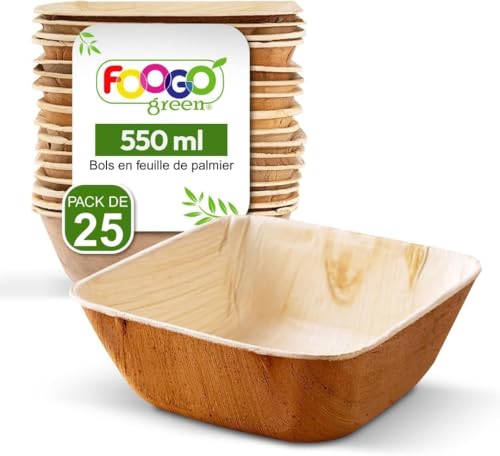 FOOGO Green 25pcs Bols Jetables en Feuille de Palmier, 13cm, 550ml, pour Desserts & Salade, Carré, Écologique Biodégradable Compostable, Comme Bols Bois, Bambou et Papier, Fête, Apéritifs