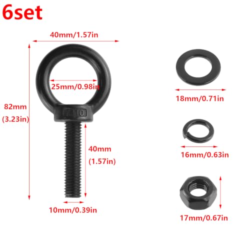 Image of Antrader Lifting Shoulder Eye Bolts,M10 Eye Bolt,M10 x 40mm,Black,6 Sets | Stainless Steel Eyebolts with Lock Nuts,Lock Washers,Flat Washers