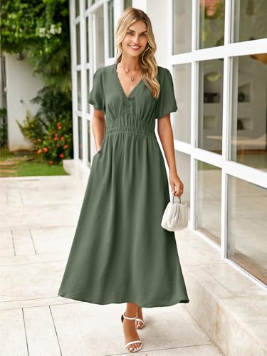 Image of Simplee Women's Summer Flowy Midi Dress Casual V Neck Short Sleeve Empire Waist Boho Beach Dress Wedding Guest Maxi Dress