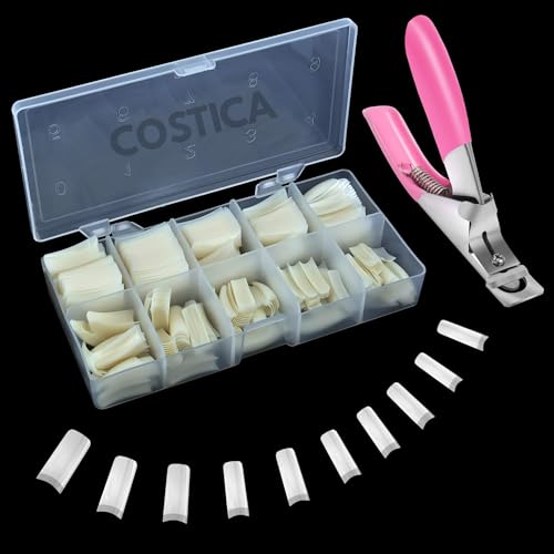 Image of COSTICA Acrylic Nail Tips 500pcs, French Fake Nails Natural False Nail Tips with Nail Clipper and Storage Case for Nail Art Salon and Home DIY (10 Sizes)