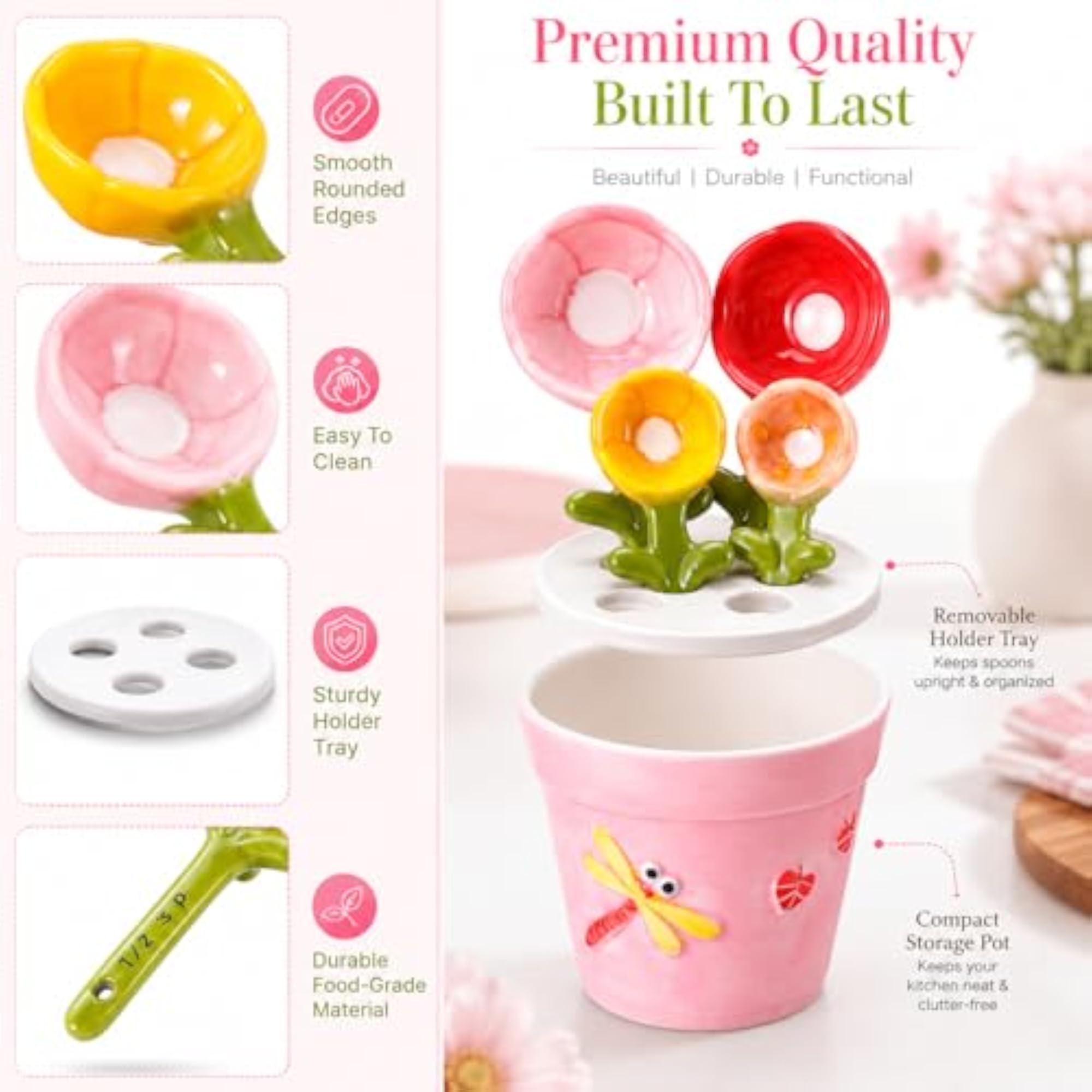 Ceramic Measuring Spoons Set with Flower Pot Holder, 4 Piece