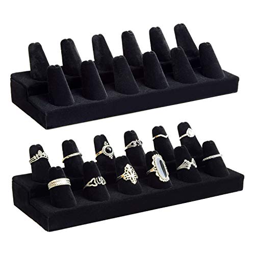 MOOCA 2 Pcs Set Deluxe Black Velvet Finger Ring Showcase Display Jewelry Organizer Stand, 2 Velvet Ring Stands for 24 Rings, Jewelry Holder for Rings, Black Velvet