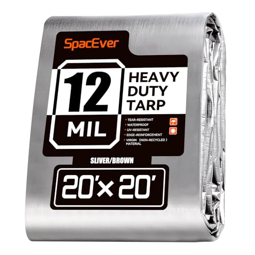 Spacever Tarp Heavy Duty 20x20 FT 12 Mil Thick Large Tarps Water-Proof with Grommets UV& Tear Resistant Plastic Cover for Pool Roof Tent Outdoor Firewood Silver& Brown