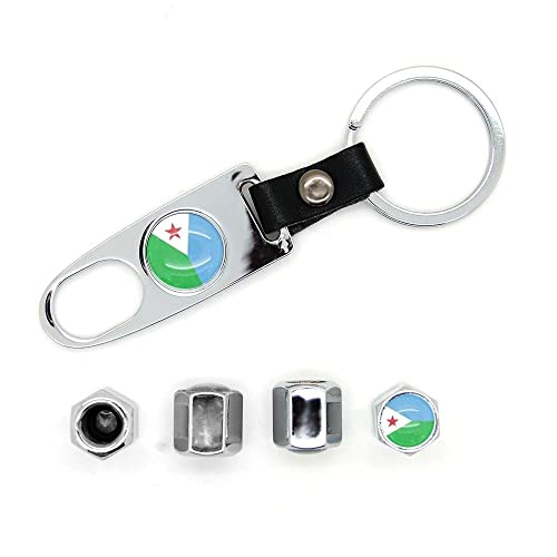 Lot de 4 bouchons de valves avec logo et porte clé Djibouti Chromé