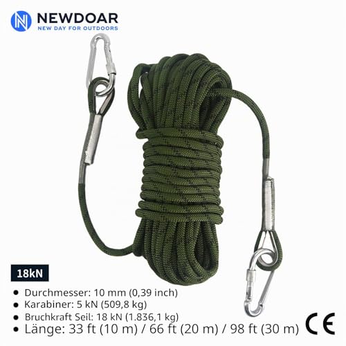 Foto von NewDoar 18KN Statisches Kletterseil 10 mm (3/8 Zoll) Zubehörkabel Ausrüstung 33 Fuß (10 m), 66 Fuß (20 m), 98 Fuß (30 m), 165 Fuß (50 m) Fluchtseil Eiskletterausrüstung Feuerrettungsseil-Grün/10 m