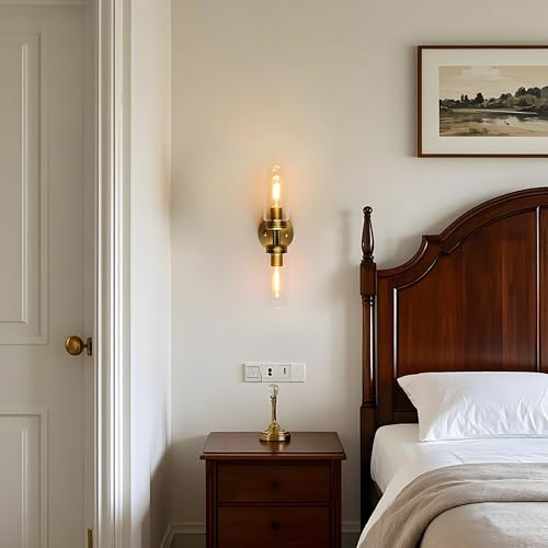 Image of Phansthy Rustic Industrial Wall Sconce Light with 3.14 inch /8cm Tubular Clear Glass Lampshade (2-Light Sconce Antique)