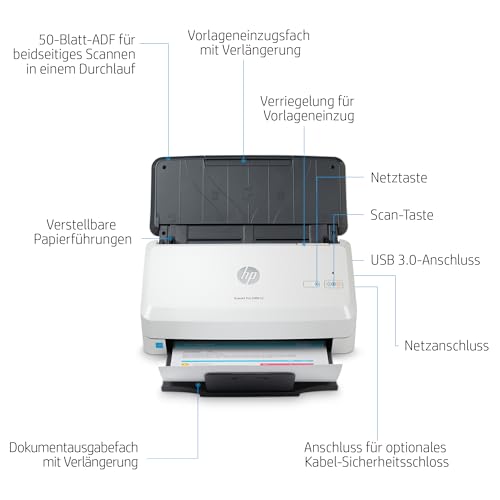 HP ScanJet Pro 2000 s2, Scanner, Einzelblattzufuhr, 50-Blatt ADF, USB 3.0, bis zu 3.500 Seiten täglich, Kurzbefehle