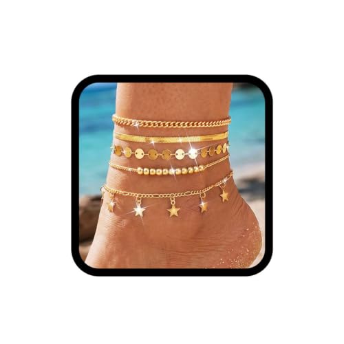 Image of Vakkery Gold Boho Layered Anklets Sequins Ankle Bracelets Star Beach Foot Chains for Women
