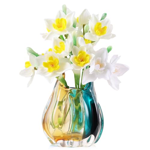 Hand Blown Glass Vase, Medium Wide Mouth Flower Vase Unique