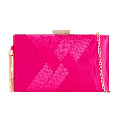 UShopUK Pochette rigide compacte en satin avec pompons pour mariage, soirée, sac à main, rose fuchsia, medium